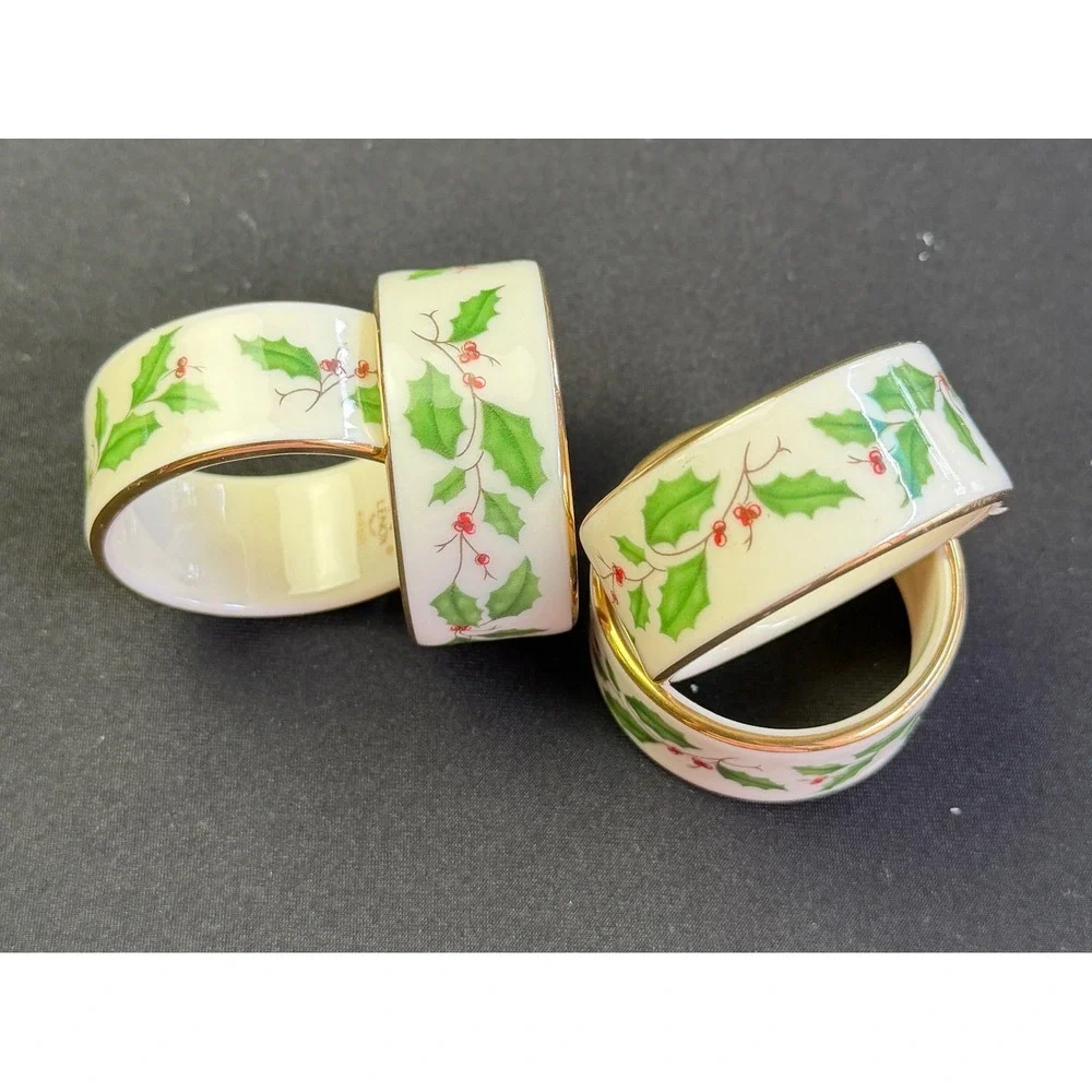 Lenox Holiday Napkin Rings Set of 4 Ivory‎ Bone China Gold Trim Holly Vintage